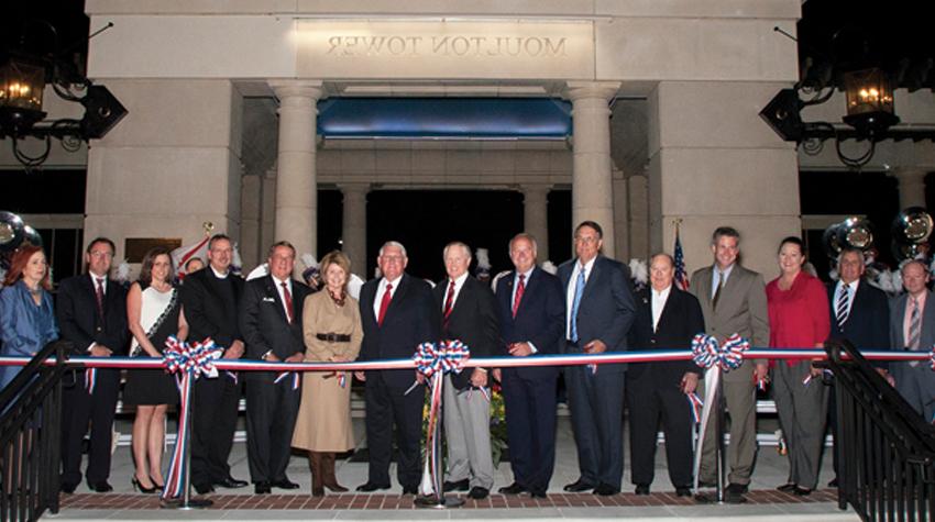 Participating in the 2010 ribbon-cutting at Moulton Tower and Alumni Plaza are, from left, trustees Dr. Steven P. Furr, E. Thomas Corcoran, Christie D. Miree, John M. Peek, Donald L. Langham and Bryant Mixon; U.S. Rep. Jo Bonner; Jim Yance, trustee chairman pro tempore; President Gordon Moulton; Geri Moulton; Dr. Joseph F. Busta Jr., vice president for development and alumni relations; the Rev. Thomas Heard, St. John’s Episcopal Church; Kimberly N. Proctor, Student Government Association president; Dr. Jim Connors, Faculty Senate president; and Alexis Atkins, USA National Alumni Association president.